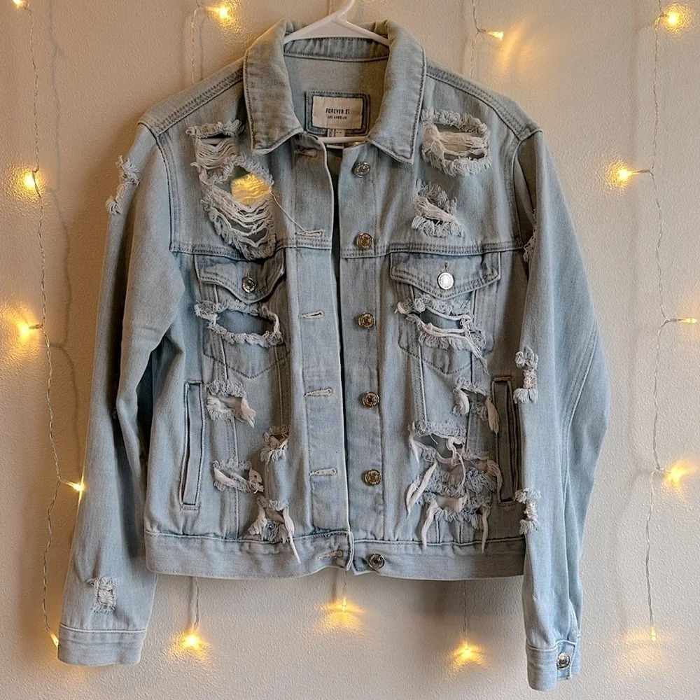 Forever 21 Destroyed Light Wash Jean Jacket​​​